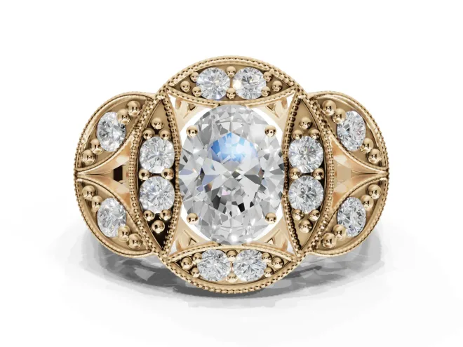 Heart-Shaped Vintage Floral Halo Engagement Ring Setting | Engraved Milgrain Band | Yellow Gold