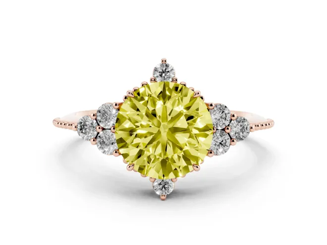 Fancy Yellow Round Cut Diamond Cluster Ring Set in Rose gold with Beaded Band