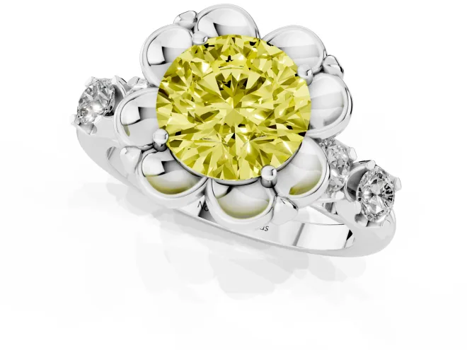 Fancy Yellow Round Cut Diamond Floral Halo Ring Set in Platinum with Shared Prong Band – second view