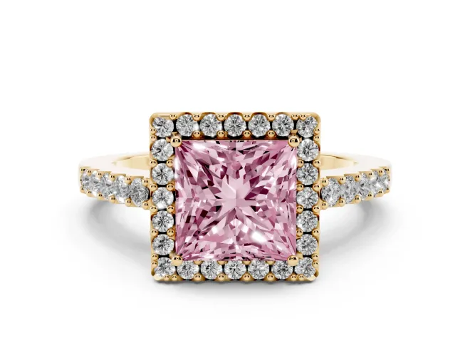 Princess Cut Halo Engagement Ring Setting for a Fancy Pink Lab-Grown Diamond | Single Row Pavé Band | Yellow Gold
