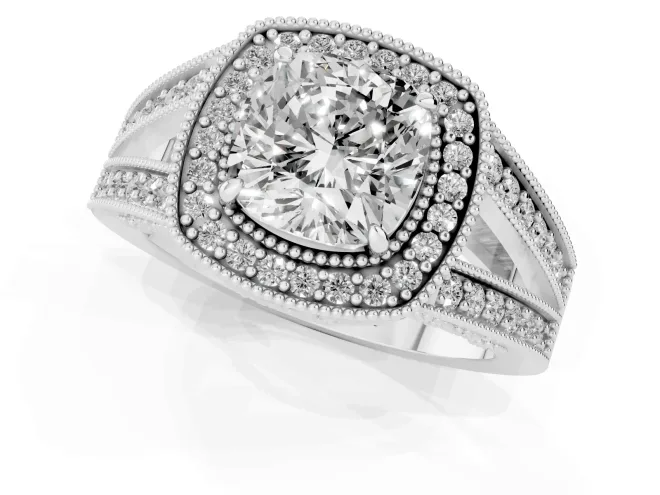 Cushion Cut Diamond Halo Ring Set in Silver with Stone-Set Split Shank and Milgrain Edges – second view