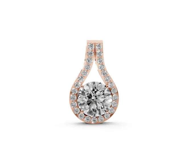 Round Lab-Grown Diamond Teardrop Halo Pendant Necklace | Split Pavé Bail | Rose Gold
