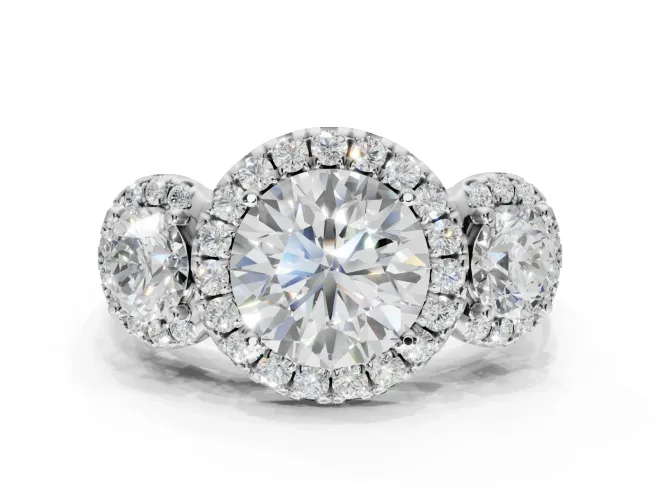 Round Three Stone Halo Engagement Ring Setting | Haloed Side Stones | White Gold