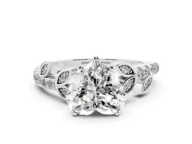 Heart Cut Diamond Solitaire Leaf-Inspired Ring Set in Silver with Pavé Band and Prong Setting