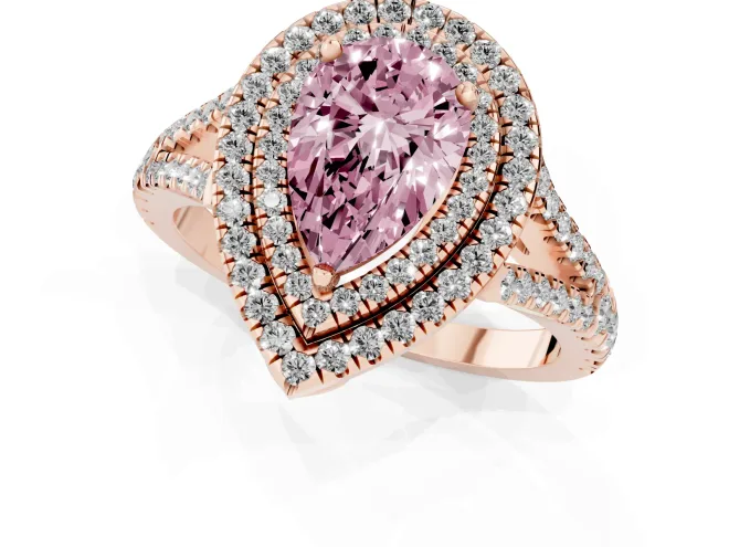 Fancy Pink Pear Cut Diamond Double Halo Ring Set in Rose gold with Pavé Band – second view