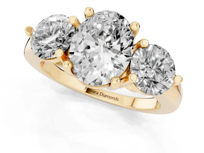 Oval Cut Diamond Three-Stone Ring Set in Yellow gold with Prong Setting and Classic Band – second view