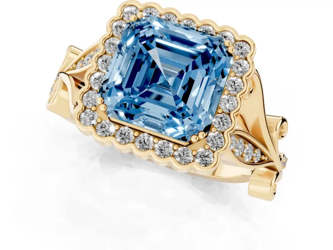 Fancy Blue Asscher Cut Diamond Halo Ring Set in Yellow gold with Leaf Motif Split Shank and Prong Setting – second view