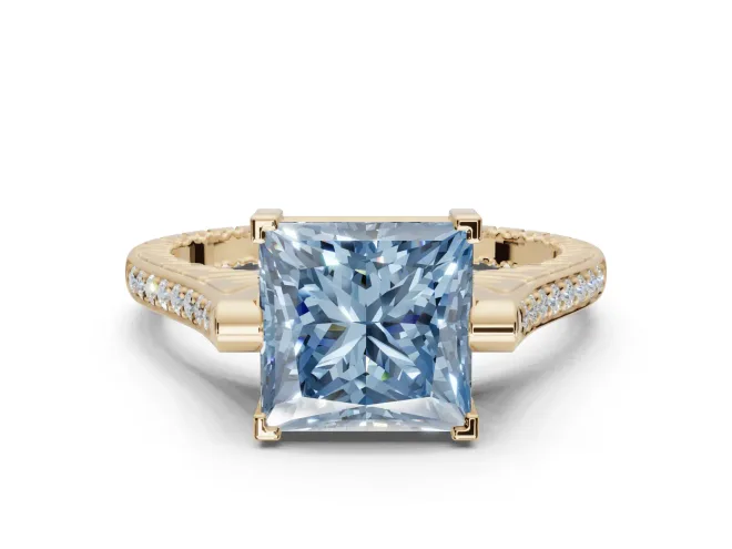 Princess Cut Vintage Cathedral Engagement Ring Setting for a Fancy Blue Lab-Grown Diamond | Carved Band | Yellow Gold