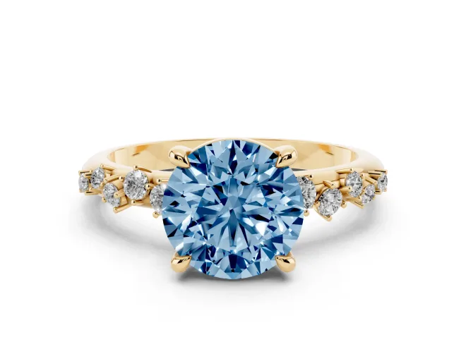 Fancy Blue Round Cut Diamond Solitaire Vine Band Ring Set in Yellow gold with Round Accents and Prong Setting