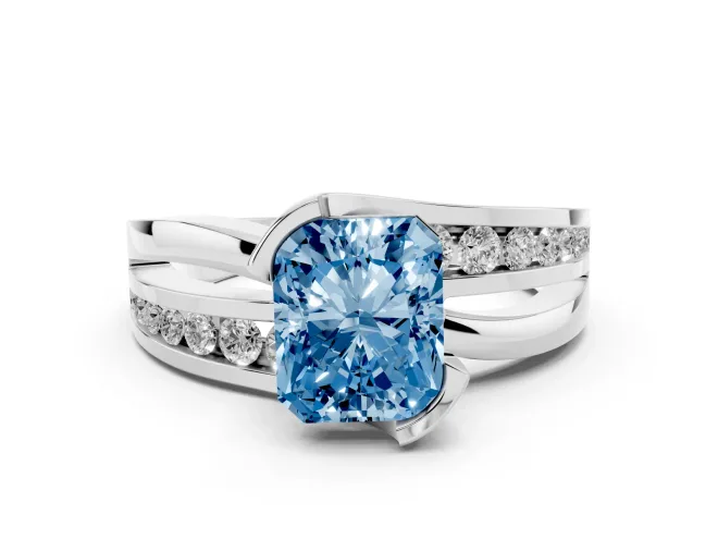 Radiant Cut Graduated Bypass Engagement Ring Setting for a Fancy Blue Lab-Grown Diamond | Platinum