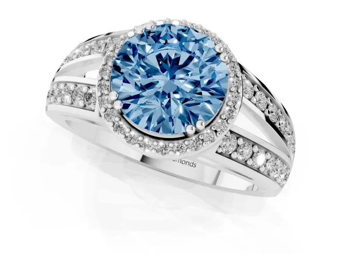 Round Halo Engagement Ring Setting for a Fancy Blue Lab-Grown Diamond | Split Shank | Platinum – second view