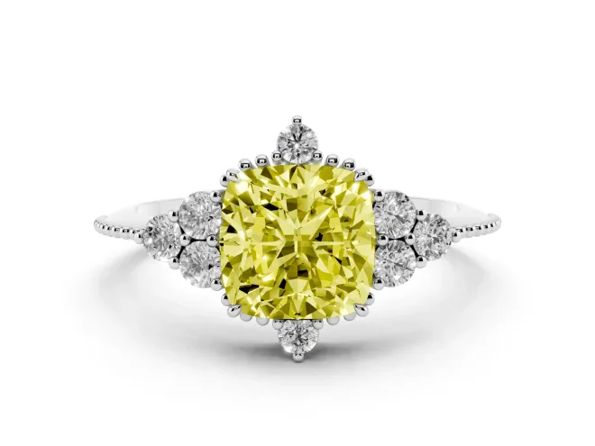 Fancy Yellow Cushion Cut Diamond Cluster Ring Set in Silver with Beaded Band