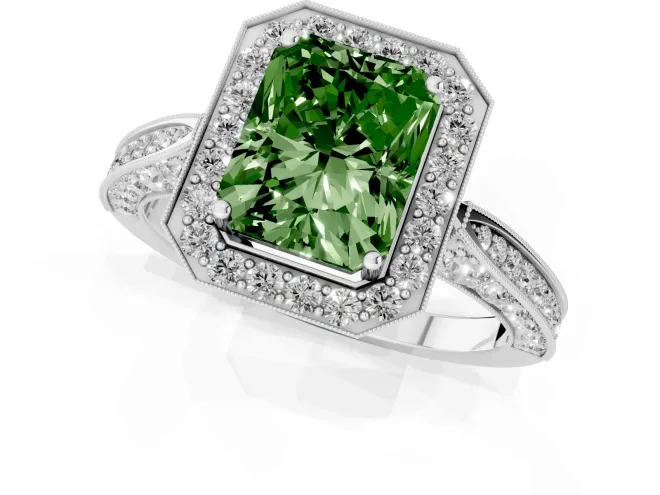 Fancy Green Radiant Cut Diamond Halo Engagement Ring Set in Platinum with Accent Split Shank Band – second view