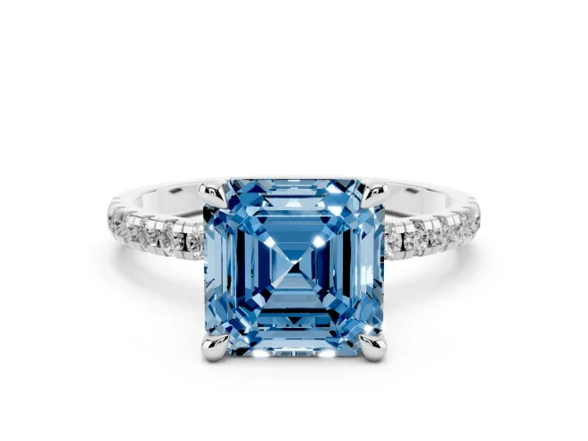 Fancy Blue Asscher Cut Diamond Brilliant Solitaire Ring Set in Platinum with Pavé Band and Prong Setting