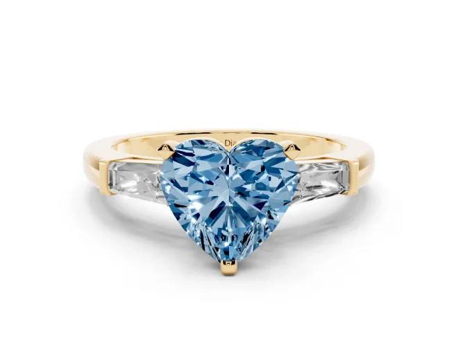 Heart-Shaped Three Stone Engagement Ring Setting for a Fancy Blue Lab-Grown Diamond | Tapered Baguettes | Yellow Gold