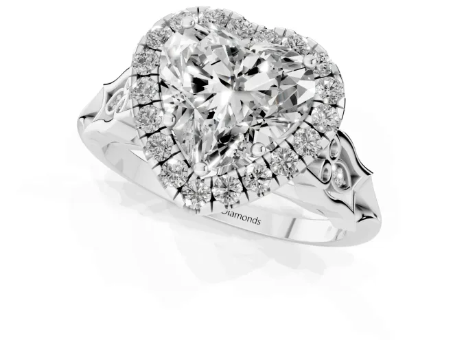 Heart Cut Diamond Halo Engagement Ring Set in Silver with Filigree Band and Prong-Set Center – second view