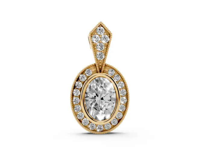 Oval Lab-Grown Diamond Bezel Pavé Halo Pendant Necklace | Milgrain Kite Bail | Yellow Gold