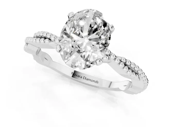 Oval Cut Diamond Solitaire Ring Set in Silver with Twisted Band and Bead Prong Setting – second view