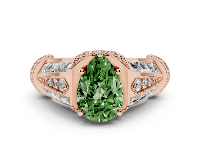 Fancy Green Pear Cut Diamond Vintage-Inspired Milgrain Ring Set in Rose gold with Accent Split Shank