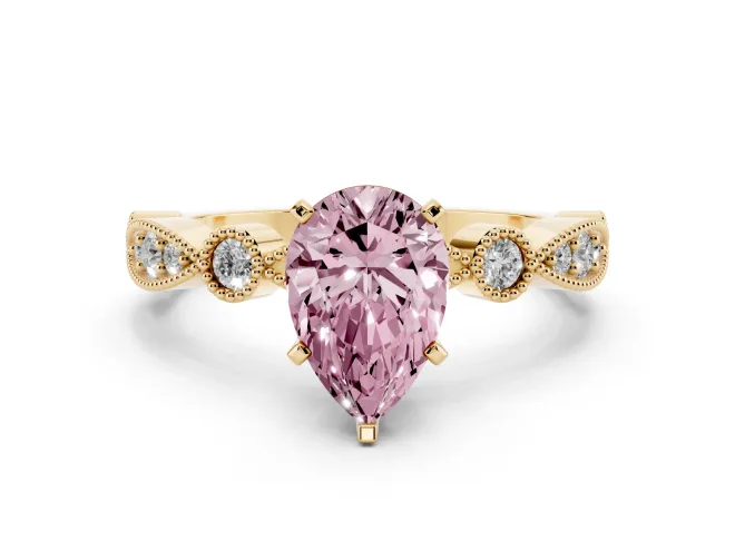 Fancy Pink Pear Cut Diamond Solitaire Engagement Ring Set in Yellow gold with Milgrain Bezel Accent Band