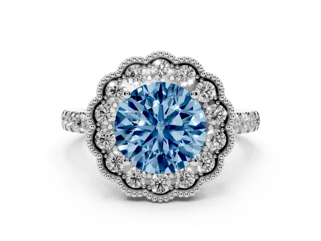 Round Milgrain Floral Halo Engagement Ring Setting for a Fancy Blue Lab-Grown Diamond | Pavé Band | Sterling Silver