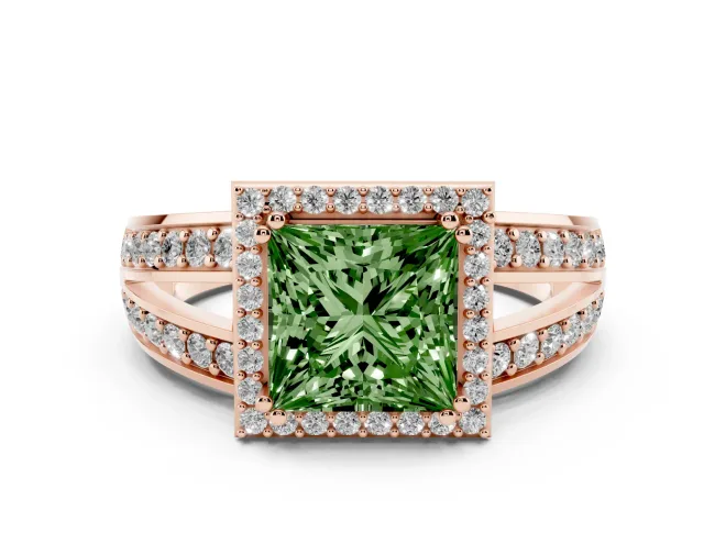 Fancy Green Princess Cut Diamond Halo Ring Set in Rose gold with Double Pavé Split Shank