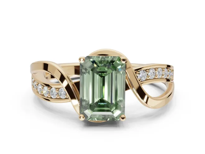 Emerald Cut Bypass Solitaire Engagement Ring Setting for a Fancy Green Lab-Grown Diamond | Pavé Strands | Yellow Gold