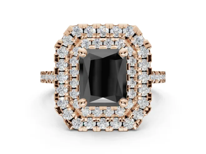 Radiant Cut Double Halo Engagement Ring Setting for a Black Center | Pavé Shoulders | Rose Gold