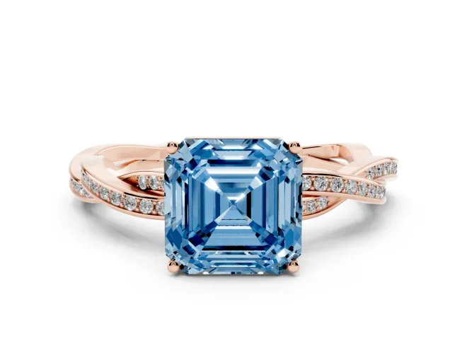 Asscher Cut Twisted Pavé Solitaire Engagement Ring Setting for a Fancy Blue Lab-Grown Diamond | Open Basket | Rose Gold