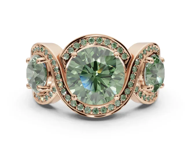 Round Three Stone Halo Engagement Ring Setting for a Fancy Green Lab-Grown Diamond | Pavé Wave Band | Rose Gold