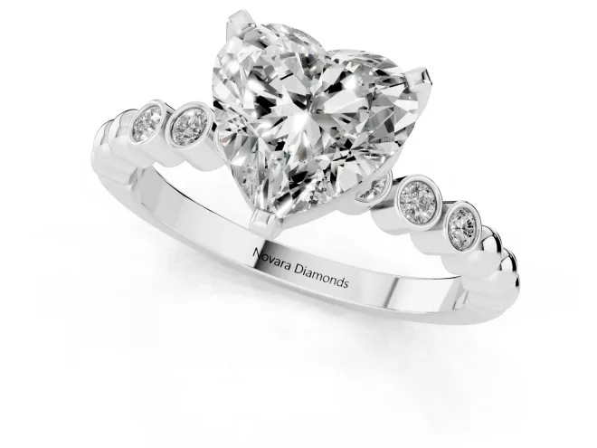 Heart Cut Diamond Solitaire Engagement Ring Set in White gold with Bezel Accents on Beaded Band – second view