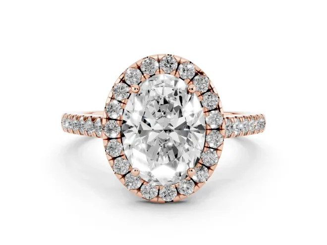 Oval Cut Diamond Halo Pavé Engagement Ring Set in Rose gold with Prong Setting