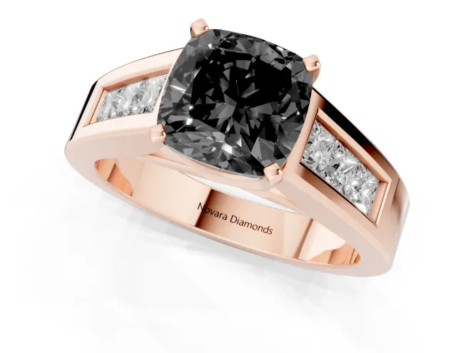 Fancy Black Cushion Cut Diamond Solitaire Ring Set in Rose gold with Channel-Set Accent Stones and Prong Setting – second view