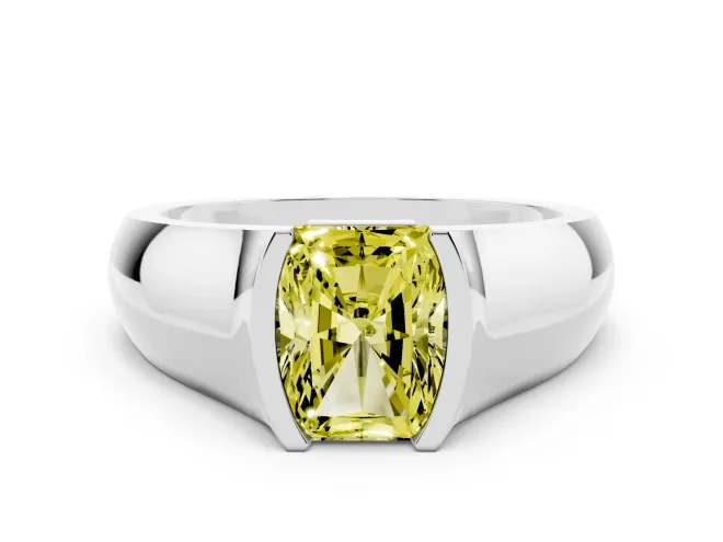 Fancy Yellow Radiant Cut Diamond Bezel Solitaire Ring Set in White gold with Wide Band