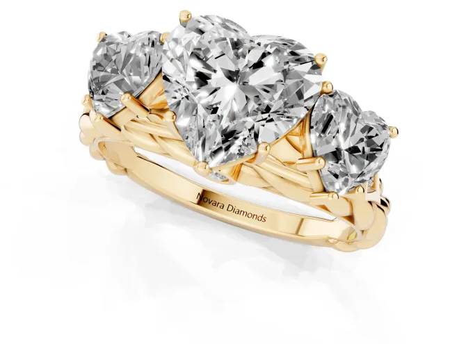 Heart Cut Diamond Three-Stone Ring Set in Yellow gold with Braided Band – second view