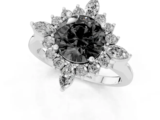 Fancy Black Round Cut Diamond Cluster Halo Ring Set in White gold with Marquise and Round Accents – second view