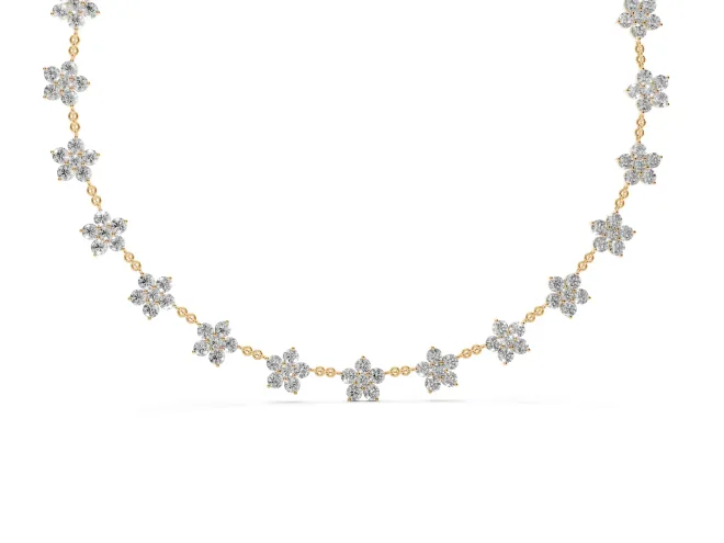 Round Lab-Grown Diamond Floral Cluster Station Necklace | Matching Flowers | Yellow Gold