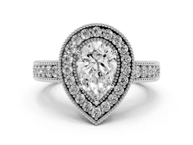 Pear Cut Diamond Halo Ring Set in White gold with Round Accent Halo, Pavé Band and Prong Setting