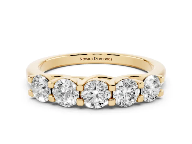 Round Lab-Grown Diamond Five-Stone Wedding Band | Square-Top Prongs | Yellow Gold
