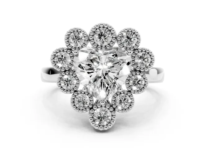 Heart Cut Diamond Cluster Halo Ring Set in White gold with Milgrain Bezel Accents and Plain Band