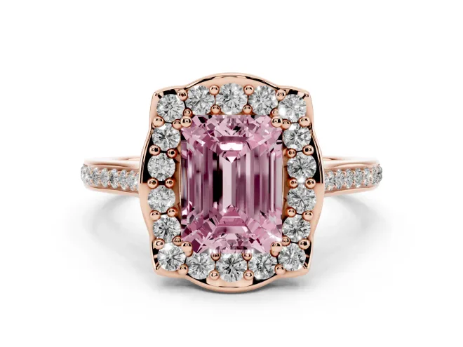 Emerald Cut Halo Engagement Ring Setting for a Fancy Pink Lab-Grown Diamond | Petal Tips | Rose Gold