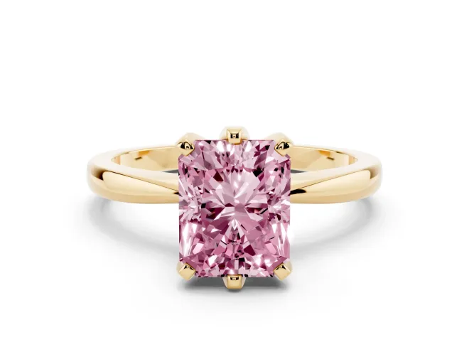 Fancy Pink Radiant Cut Diamond Solitaire Engagement Ring Set in Yellow gold with Slim Tapered Solitaire Band