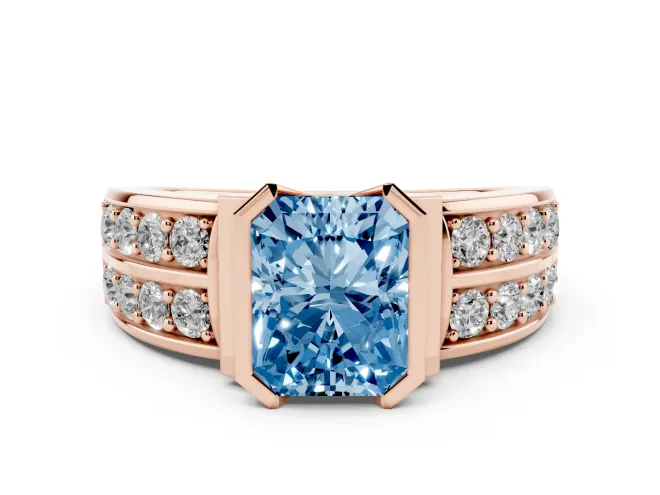 Radiant Cut Half Bezel Engagement Ring Setting for a Fancy Blue Lab-Grown Diamond | Double Row Channel Band | Rose Gold