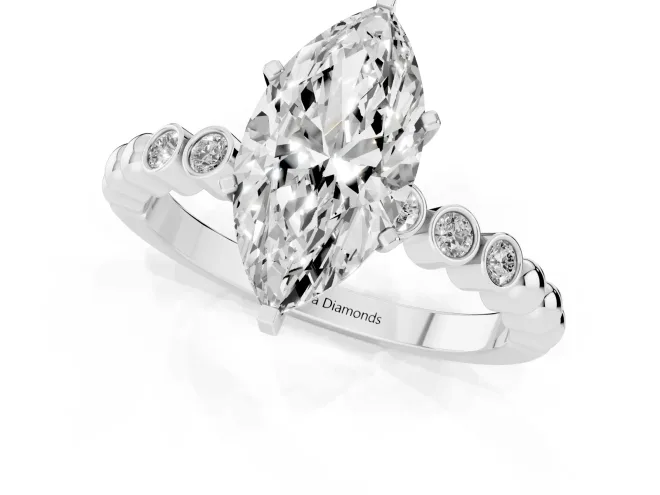 Marquise Cut Diamond Solitaire Engagement Ring Set in White gold with Bezel Accents on Beaded Band – second view
