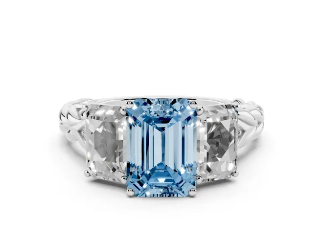 Fancy Blue Emerald Cut Diamond Three-Stone Ring Set in Silver with Braided Band