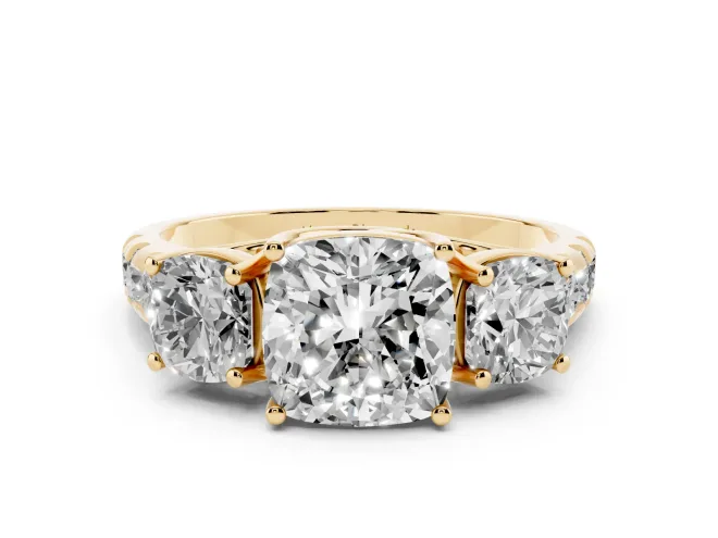 Cushion Cut Diamond Three-Stone Ring Set in Yellow gold with Pavé Band