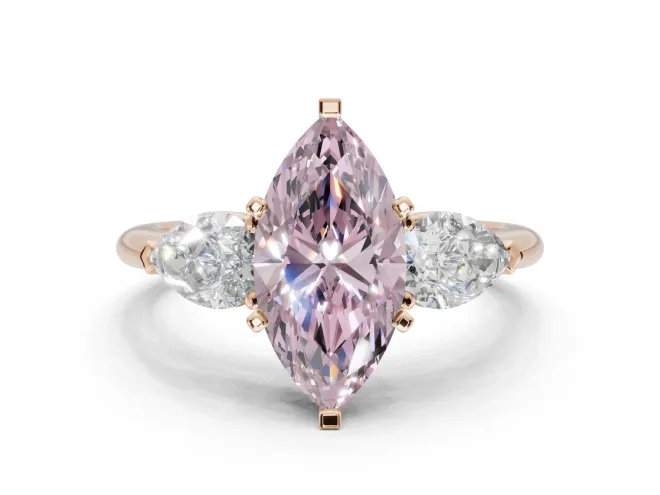 Marquise Three-Stone Ring Setting for a Fancy Pink Lab-Grown Diamond | Pear Side Stones | Rose Gold