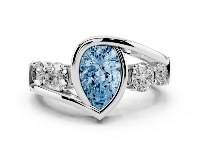 Fancy Blue Pear Cut Diamond Bezel Bypass Ring Set in Platinum with Round Accents