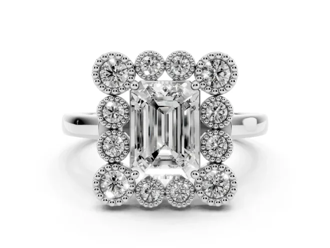Emerald Cut Diamond Cluster Halo Ring Set in White gold with Milgrain Bezel Accents and Plain Band