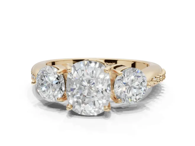 Cushion Cut Three Stone Engagement Ring Setting | Tapered Pavé Band | Yellow Gold